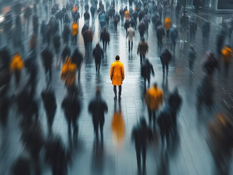 Lone individual in a bright yellow coat standing amidst a blurred crowd, symbolizing individuality, isolation, and focus in a busy urban environment