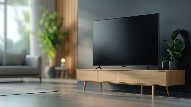 Stylish living room interior featuring a modern television on an elegant wooden cabinet with a serene backdrop.