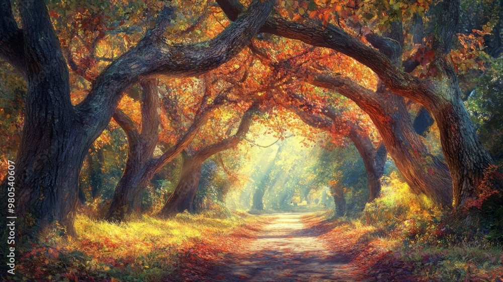 Poster A tranquil path is surrounded by beautiful trees with colorful autumn leaves, illuminated by soft morning light. The warm tones create an inviting atmosphere perfect for a peaceful stroll in nature.