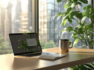 Laptop computer with opened lid on table in meeting room of modern home office workspace.