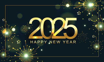 Happy New Year 2025 background with gold fireworks