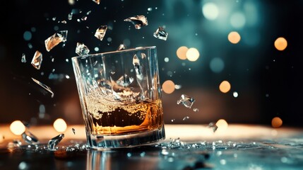 A glass of liquor is shattered on a table