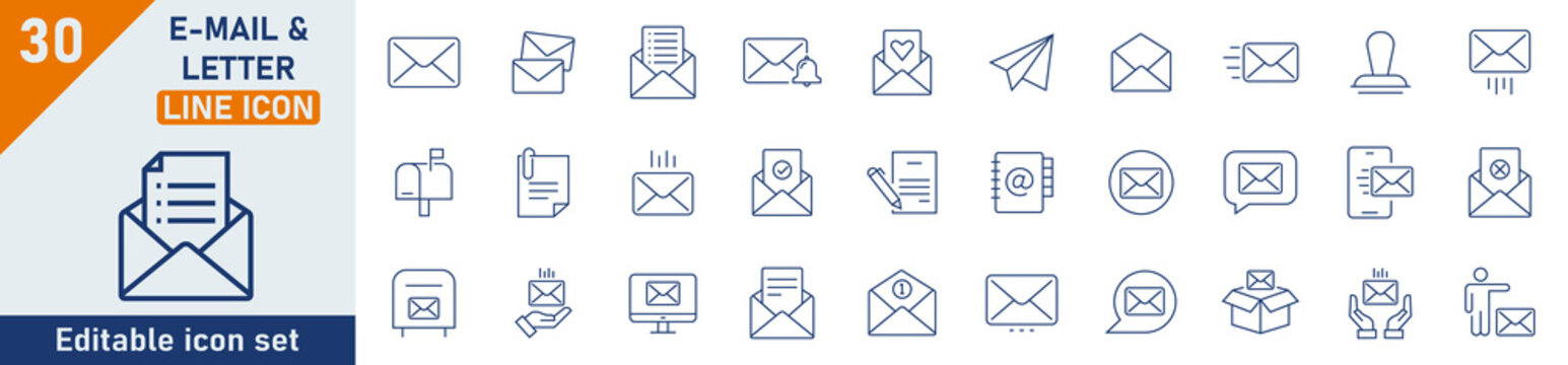 E-mail and Letter line icon set. Set of 30 outline icons related to mail, email, postal letter and others. Vector illustration.