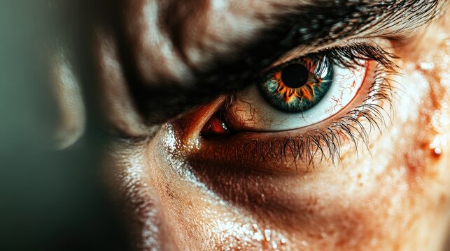 A man's eye is open close-up. The eye is angry and has a red line through it