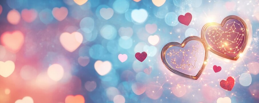 Abstract art of zodiac signs merging with hearts and stars, reflecting cosmic love compatibility