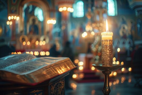 A burning candle sits on a candlestick in front of an open bible in a church.