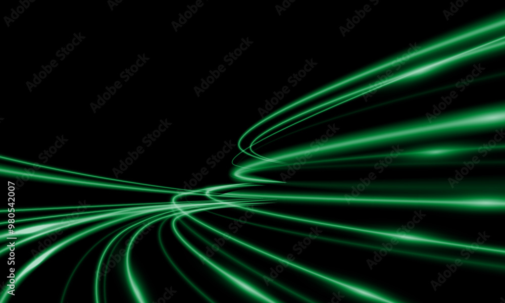 Poster abstract green light fast speed curve dynomic motion on black background vector
