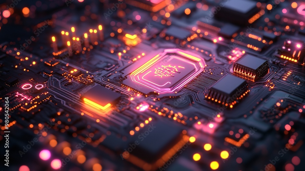 Poster a computer chip with a glowing red center. the chip is surrounded by a black background. concept of 
