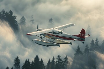 A small seaplane flies through the clouds above a dense forest.
