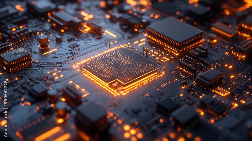 Poster a computer chip with a glowing red center. the chip is surrounded by a black background. concept of 