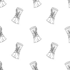 Pattern with Scroll with branch of rosemary tied with rope. Witchcraft, conspiracies, spells, halloween attribute, hand drawn doodle, scroll with torn edge texture. Vector illustration