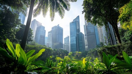 A vibrant green park filled with lush foliage is framed by towering skyscrapers, showcasing urban nature. Sunlight filters through the canopy, creating a serene atmosphere in the bustling city.