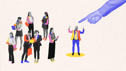 Hand selecting excited man among group of people, indicating successful hiring and feeling of being...