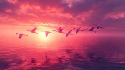 Obraz premium Pink Flamingos Flying Over Sunset Sea