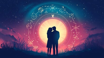 Celestial alignment of zodiac symbols around a couple gazing at the stars, cosmic love scene
