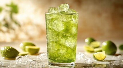 Tall glass of iced green tea, simple beige background