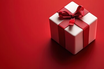 Fototapeta premium White gift box with red ribbon on red background