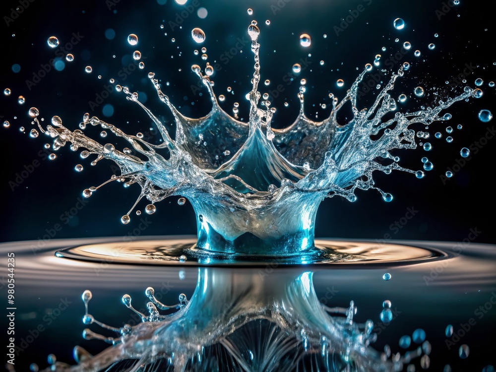 Poster slow-motion capture of water droplets exploding in mid-air after hitting the ground, showcasing a me