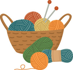 Basket with yarn and knitting needles. Hand drawn hobby concept