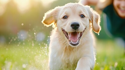 A dog running through the grass with a person behind it, AI