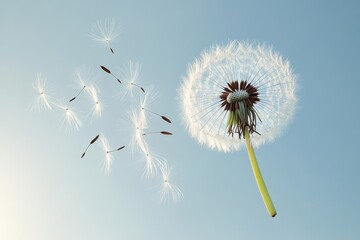 Obraz premium Dandelion Seeds Floating in the Air Nature Background