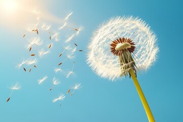 Obraz premium Dandelion Seeds Floating in the Wind Against Blue Sky