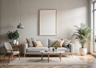 Blank frame mockup floats above sleek couch in airy light grey Scandinavian minimalist living room with subtle textured walls and sparse decor accents.