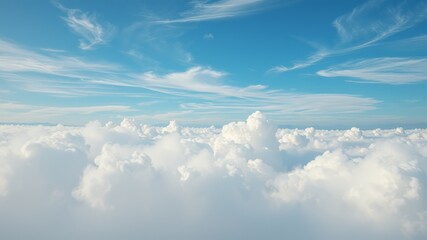 Fototapeta premium Whispy, cotton-like clouds drift lazily across a serene blue sky, their soft, billowy peaks stretching towards misty