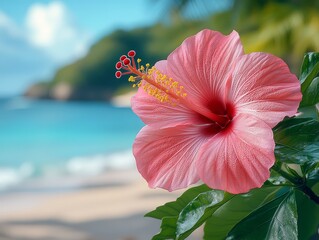 Pink Hibiscus Flower Blooming on Tropical Beach