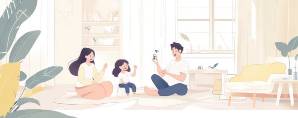 Happy couple relaxing at home in high-key comic-style illustration, enjoying leisure time in modern living room interior
