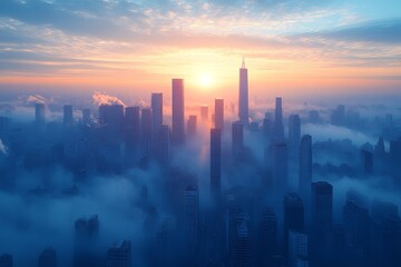Cityscape Skyline Foggy Sunrise Aerial View