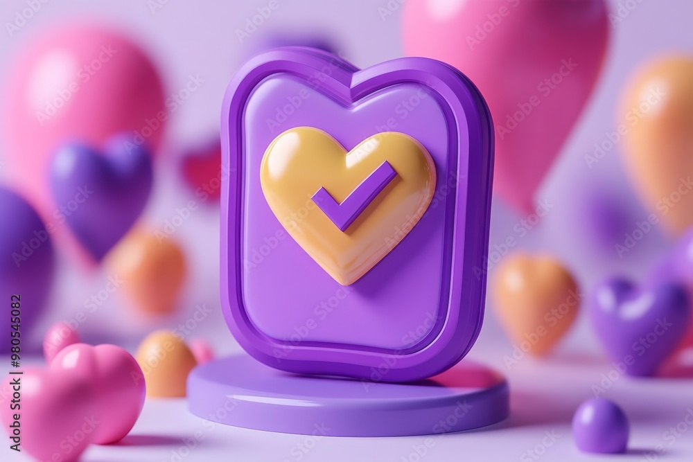 Poster colorful 3d heart icon with a checkmark symbolizing approval acceptance and confirmation in a playfu