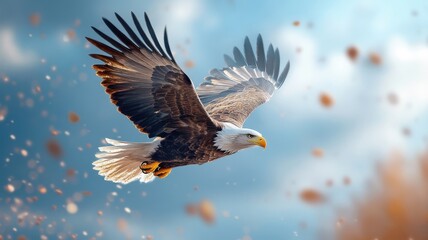 Obraz premium Digital painting of eagle soaring through pixelated sky.
