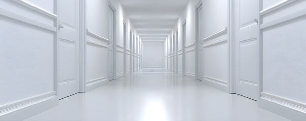 Fototapeta premium Hospital hallway with clean white walls and natural lighting, representing a sterile and efficient healthcare environment