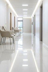 Fototapeta premium Minimalist hospital hallway with bright overhead lights and empty chairs, reflecting calm and organized healthcare space