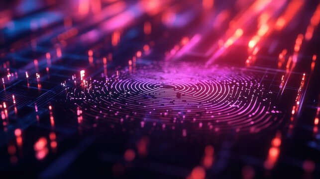 Fingerprint scanning technology with glowing lines and geometric patterns creating a futuristic and secure biometric interface background
