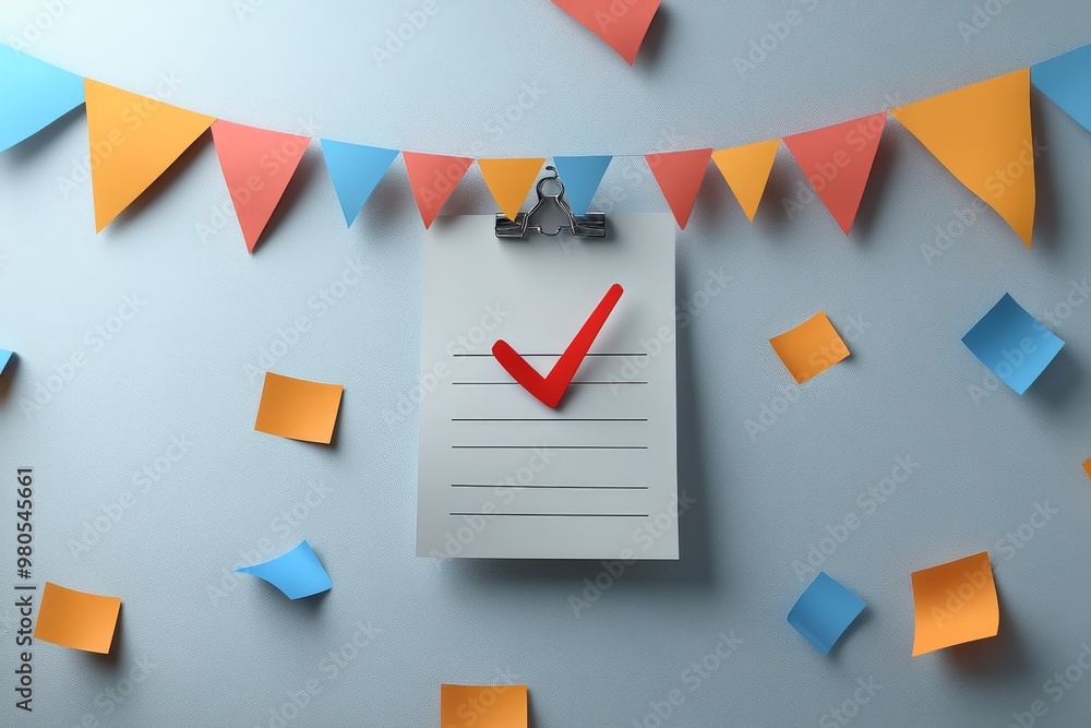 Poster red checkmark on a hanging clipboard against a festive background with colorful decorations symboliz