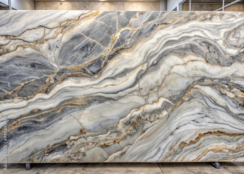 Poster intricately patterned marble slab with swirling whites and grays, featuring subtle veins and texture