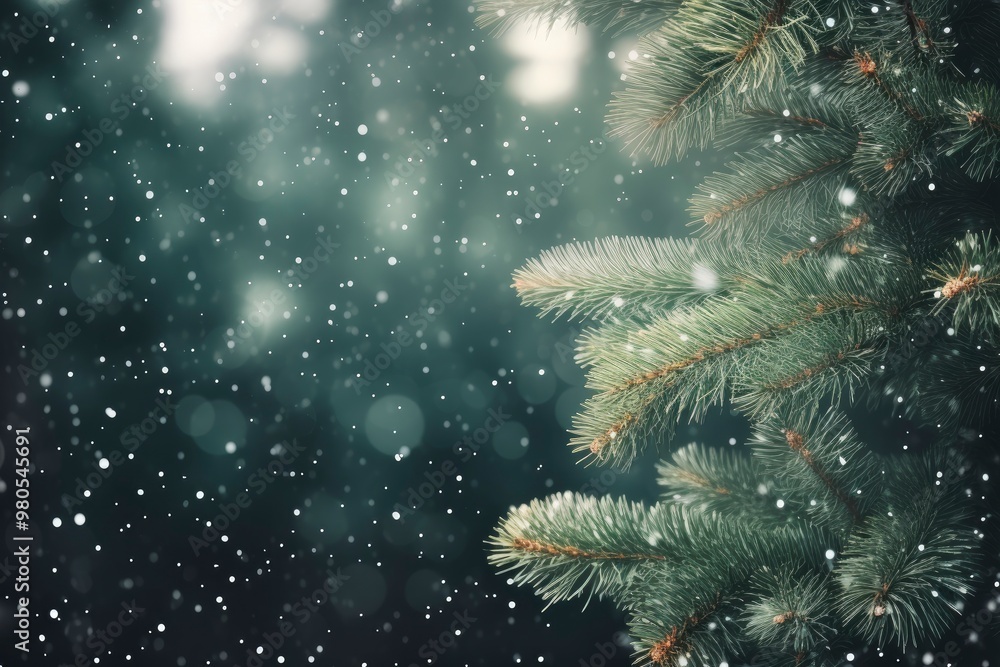 Wall mural green pine tree branches with snow falling on glowing bokeh dark green background. decoration concep