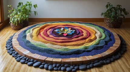 Obraz premium A meticulously crafted sand mandala, featuring symmetrical, vibrant colors of nature--green leaves, blue skies, and orange sunsets in a circular form