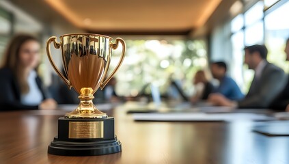 Fototapeta premium A gold trophy sits on a table in a meeting room, with a group of businesspeople blurred in the background.