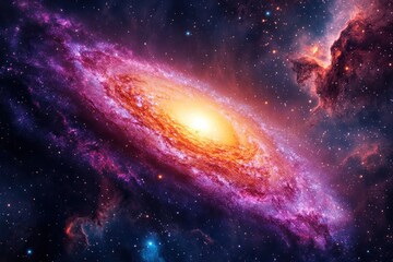 Obraz premium A Spiral Galaxy with a Bright Core and Surrounding Nebulae