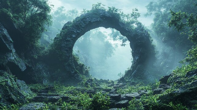 A mystical circular rock formation enveloped by dense, vivid greenery in a hidden jungle, fantasy, hyper-realism, green hues, foggy atmosphere, high-detail