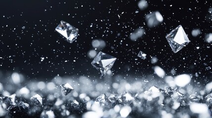 Sparkling silver confetti and diamond-like particles floating in the air with a transparent background, adding a festive and luxurious feel