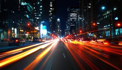 City traffic at night with light trails from cars, wide shot, vibrant urban glow