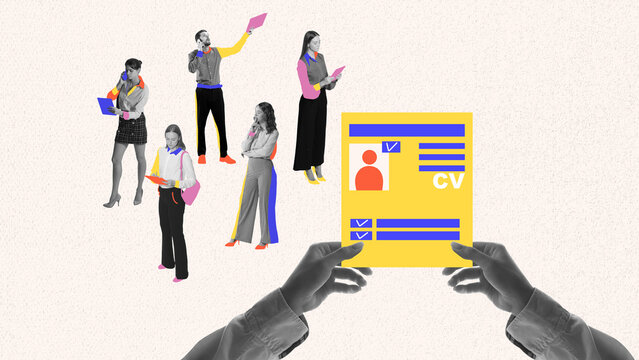 Group of candidates waiting, while employer reviewing CV, indicating detailed evaluation process in business recruitment. Contemporary art collage. Concept of business, employment and labor, career