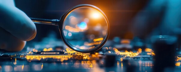 Fototapeta premium Magnifying glass focused on a tiny defect in a manufactured part, defect detection, precision in quality control,