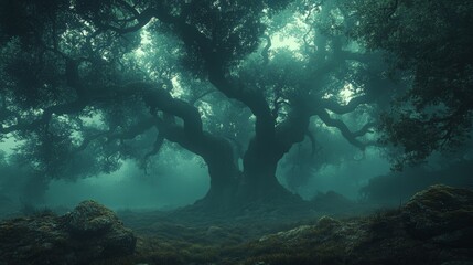 Fototapeta premium A perfect ring of towering oak trees, roots and branches intricately woven together, standing strong amidst the mist of an ancient, mystical woodland