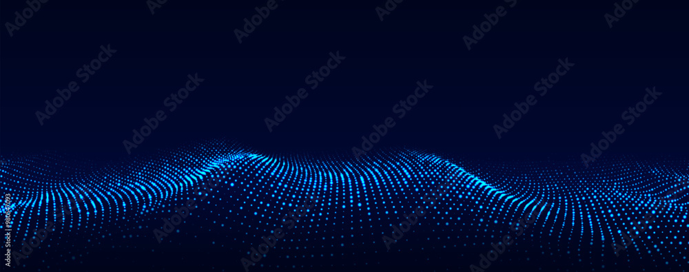 Poster dynamic bright particle wave. futuristic point glowing wave. flow of blue digital structure. data te