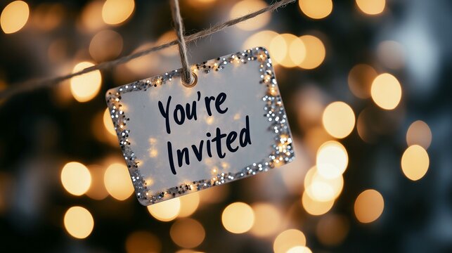 You're Invited Sign with Glitter Pegged on String Against Blurred Bokeh Lights Background - Powered by Adobe
